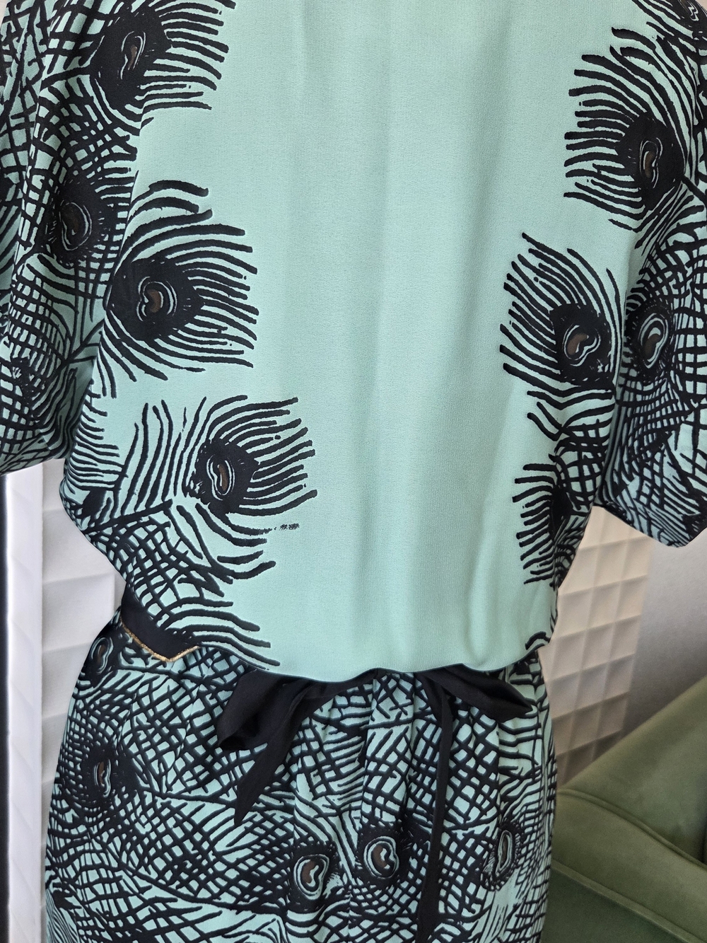 Corey Lynn Calter Anthropologie Mint Plumes Kimono Midi Dress Peacock Feather XS - Picture 6 of 10